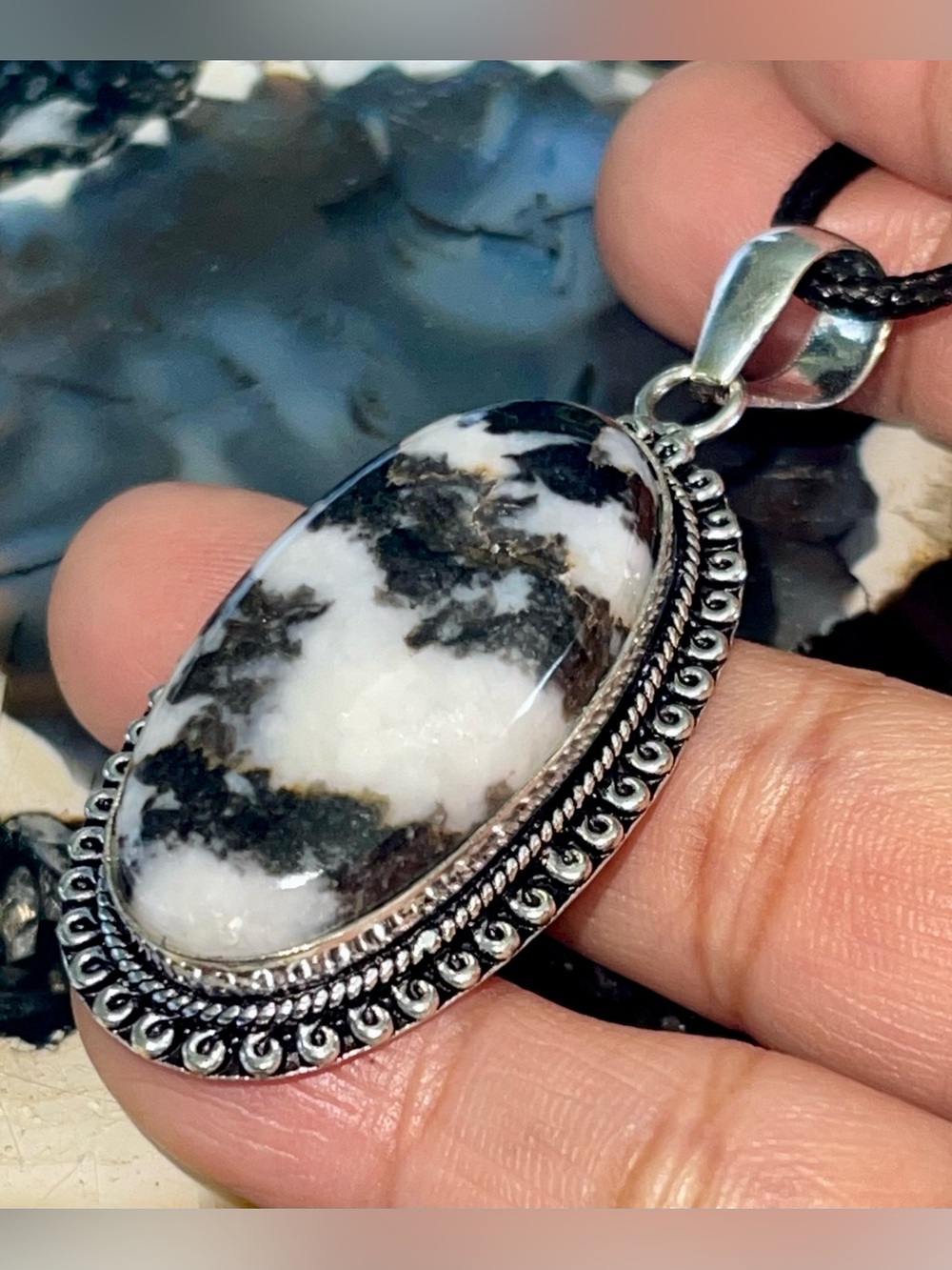 Handcrafted Black and White Marble Stone Pendant Necklace